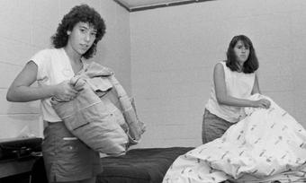 Susan Kraham ’87, ’92L (left) and Cecily Rhett ’87 move into 502 Carman in fall 1983. Photo: Courtesy University Archives